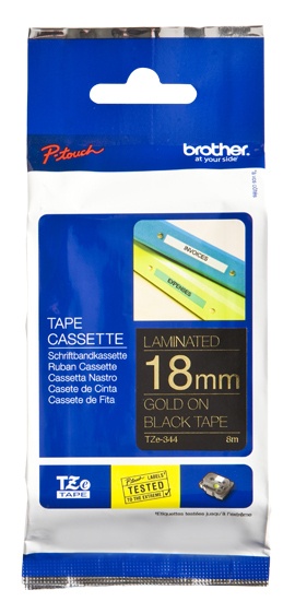 Cinta brother tze344 laminada dorado sobre negro 18mmx8m