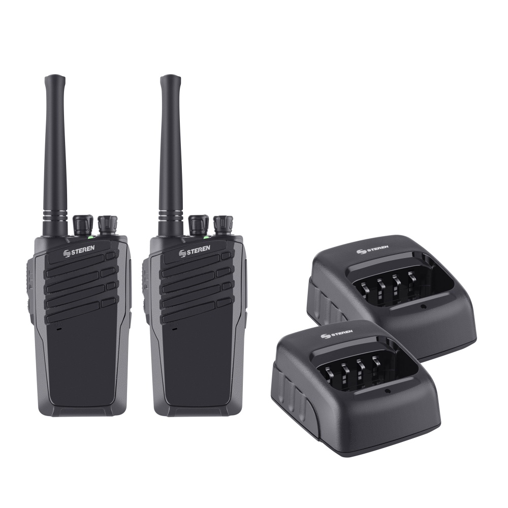 Kit de 2 radios intercomunicadores steren rad-010, bateria recargable, 16 canales, color negro