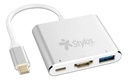 Hub 3 en 1 stylos usb c a hdmi + usb 3.0 + usb c con caja gris